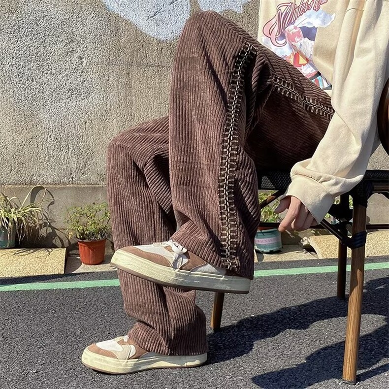 秋冬直筒阔腿拖地裤灯芯绒裤子条纹拼接雪尼尔休闲裤男 K5591-P38图片