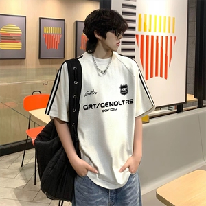 抖音得物高品质二开240克宽松纯棉美式潮牌三条杠织带短袖T恤图片