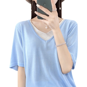 冰丝针织短袖t恤女夏季宽松休闲假两件上衣显瘦v领亚麻半袖打底衫图片
