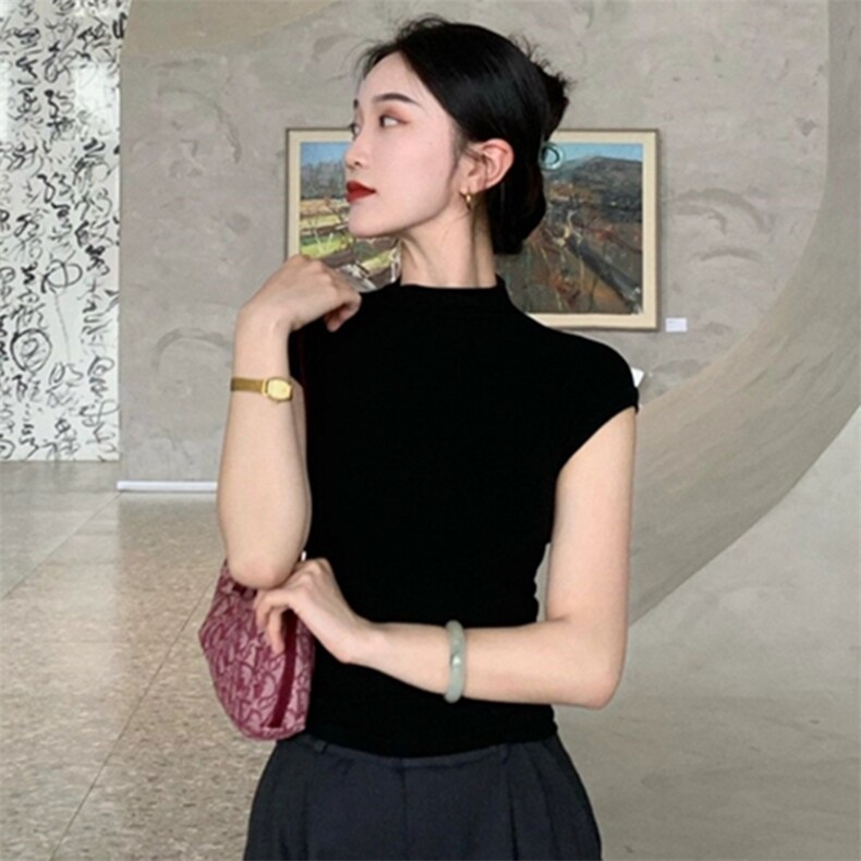 气质半高领黑色短袖T恤女2025年夏季新款紧身辣妹T正肩修身上衣女,针织衫/毛衣,斯美雅安迪绒