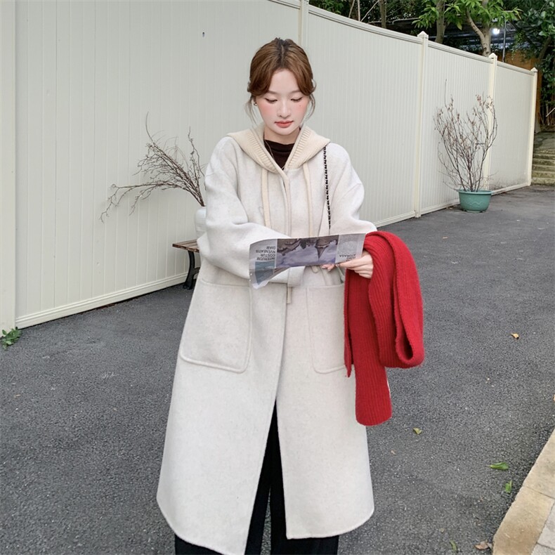 现货新款时尚洋气2025女装羊绒大衣宽松显瘦针织帽羊绒外套女装,女装毛呢外套,韩然一族