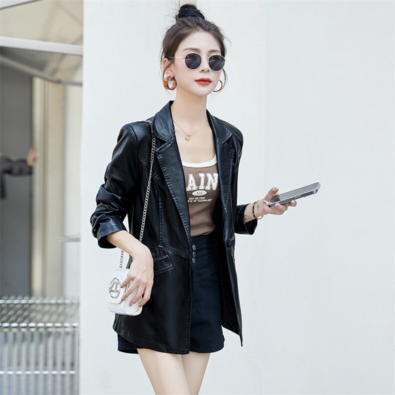 皮衣女2023年新款春秋款修身休闲西装外套收腰pu中长款西服皮夹克,女装皮衣,江南女神