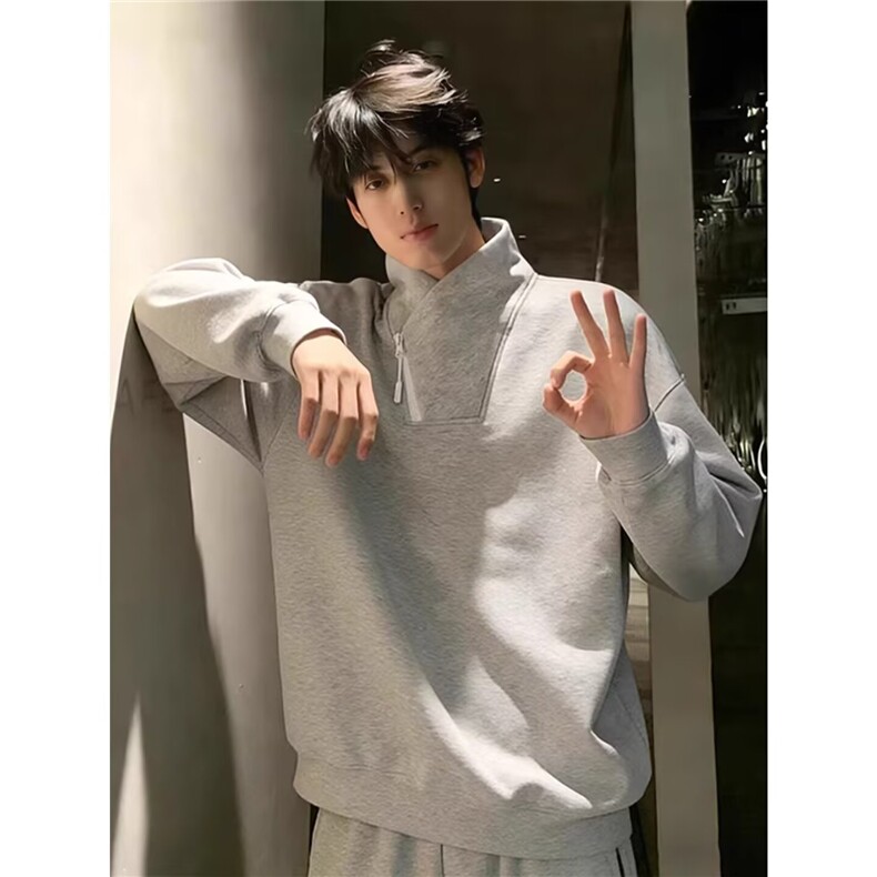 灰色斜领拉链卫衣男美式正肩立领长袖t恤内搭打底衫L80188-P40,男装T恤,星座1008