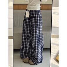 复古格子休闲裤女宽松慵懒风阔腿直筒排扣设计拖地裤LK20011-p50，男装休闲裤，星座1008