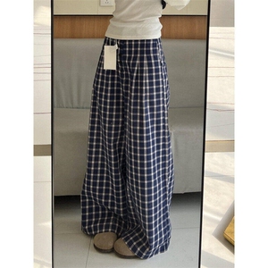 复古格子休闲裤女宽松慵懒风阔腿直筒排扣设计拖地裤LK20011-p50图片