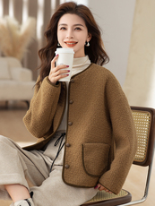 复古仿羊羔毛外套女2023秋冬款休闲洋气减龄高级感皮毛一体短款棉衣，女装棉衣/棉服，梦懿尔