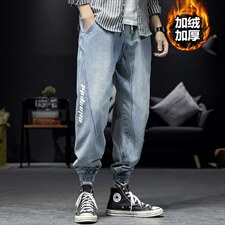 2021冬季新日系大码男美式印花拼接束脚加绒加厚牛仔裤N80161-P60，男装牛仔裤，电商A001