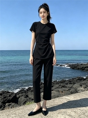 韩系时尚气质套装女夏季新款圆领褶皱收腰上衣双口袋直筒裤两件套，女装套装/套裙，江南