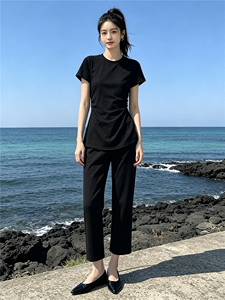 韩系时尚气质套装女夏季新款圆领褶皱收腰上衣双口袋直筒裤两件套图片