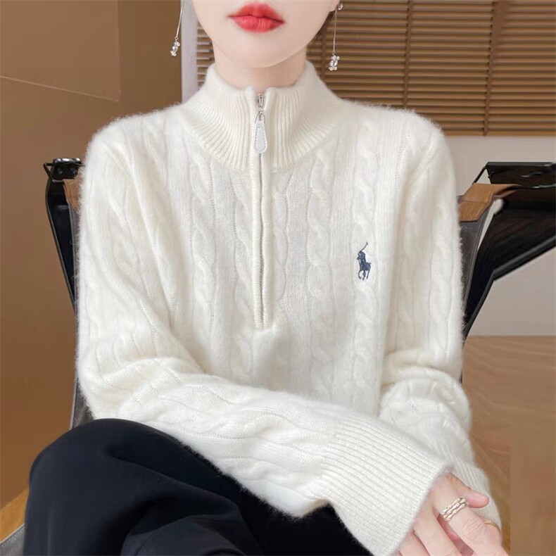 重磅加厚立领100%纯羊毛衫女半开拉链扭花毛衣宽松羊绒衫打底上衣，女装针织衫/毛衣，昂家羊绒
