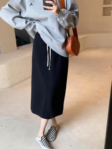 【现货】抽绳后开衩纯毛圈直筒裙,女装其它,海维恩
