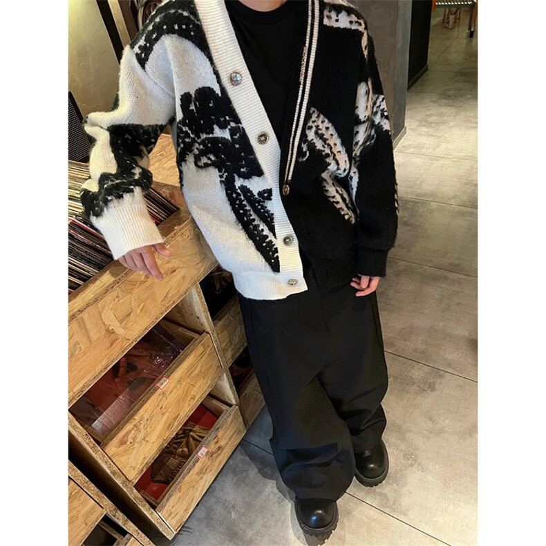 美式复古扎染针织毛衣男秋冬设计感小众提花排扣V领开衫外套 M657图片