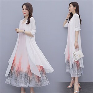 夏季新款优雅印花长款连衣裙防晒外披两件套，女装连衣裙，秀美人生