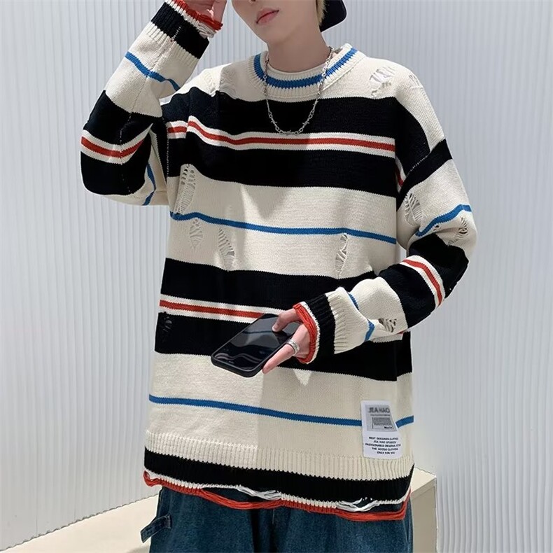 潮牌小众破洞设计感条纹毛衣男慵懒风宽松针织Z857-P40,男装针织衫/毛衣,星座1109-3
