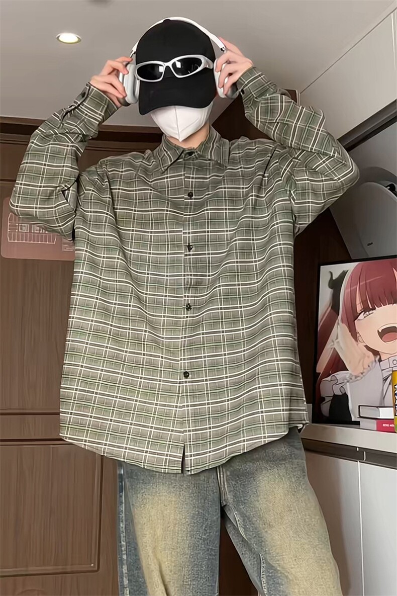 宽松港风格子衬衫男KD628-P30,男装衬衫,电商D312-1