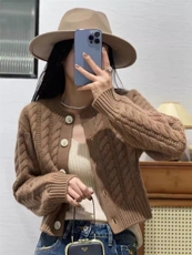 长袖针织开衫女短款显瘦百搭纯色羊毛休闲外套上衣，女装羊毛衫，思途羊绒