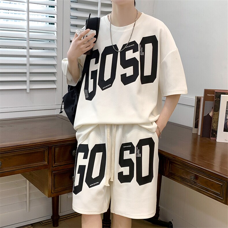 2025夏季新款运动服短袖T恤运动套装潮男痞帅一套搭配宽松短裤P45图片
