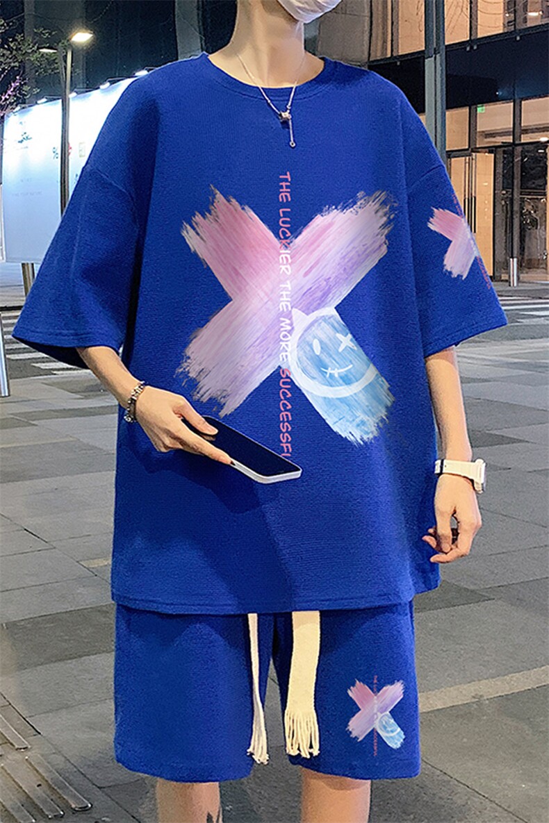 套装！夏季华夫格套装男T恤短裤男两件套大码港风TZ13-P50,男装休闲套装,电商B367