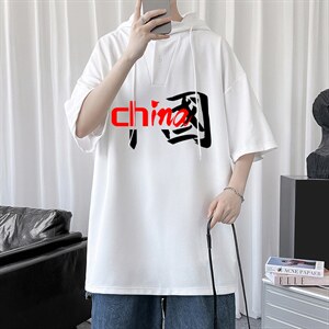 LD54189-P45 连帽短袖t恤男大码胖子带帽五分袖中袖图片