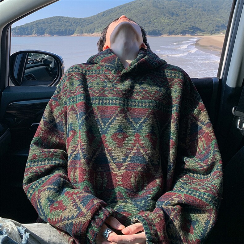 美式连帽卫衣男秋季慵懒风提花满印休闲上衣复古宽松大码重磅T恤,男装卫衣,电商A001