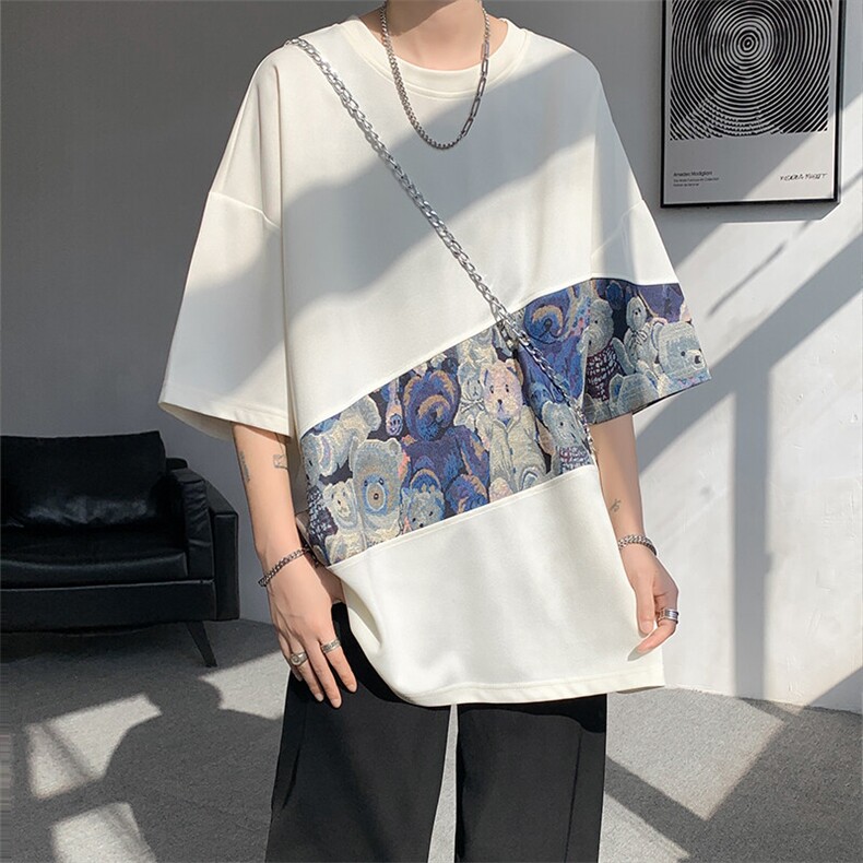 现货DSA059-T10033-特P27控48夏季撞色拼接小熊大码短袖T恤,男装T恤,电商A059