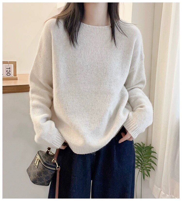 圆领纯色加厚100%纯羊毛衫针织毛衣女慵懒风宽松打底羊绒衫上衣,女装羊毛衫,圣旺供货