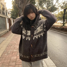 重磅秋冬北极绒开衫毛衣美式复古休闲慵懒风牛角扣针织衫连帽外套，男装针织衫/毛衣，电商A486-1