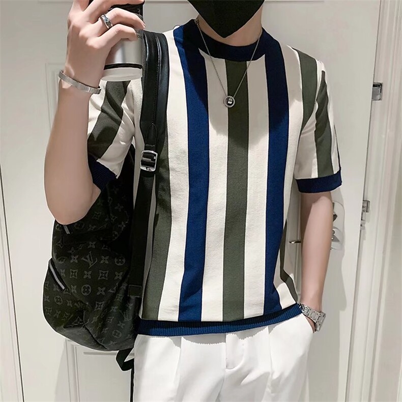 社会小伙短袖男竖条纹冰丝修身棉线轻薄凉感针织半袖体恤T3339,男装T恤,星座1116A-2（原606A-1）