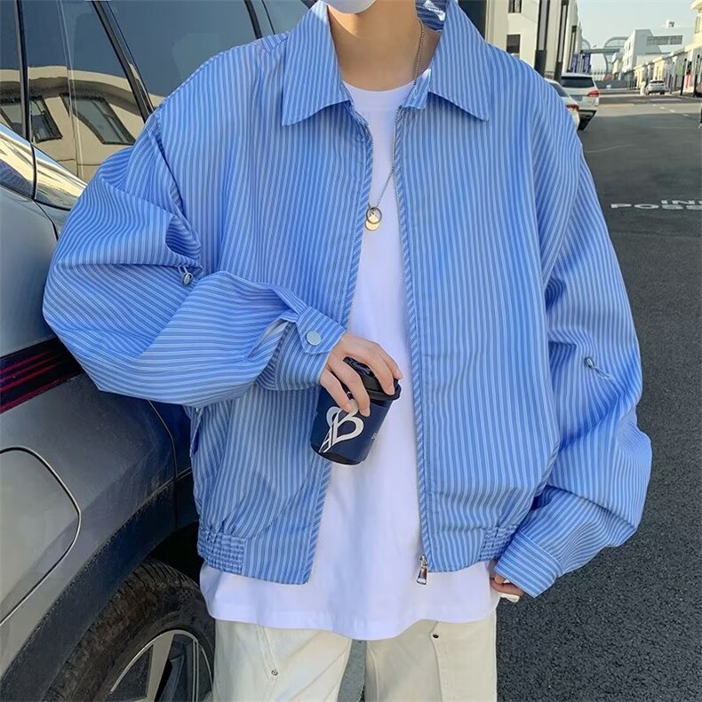 条纹衬衫男秋季日系复古帅气百搭ins潮休闲夹克外套情侣JC181-p60,男装衬衫,星座1008
