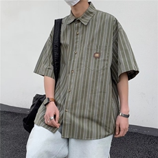 男装日系复古条纹短袖衬衫男夏季宽松半袖休闲情侣衬衣CS003-P29，男装衬衫，星座308B-1