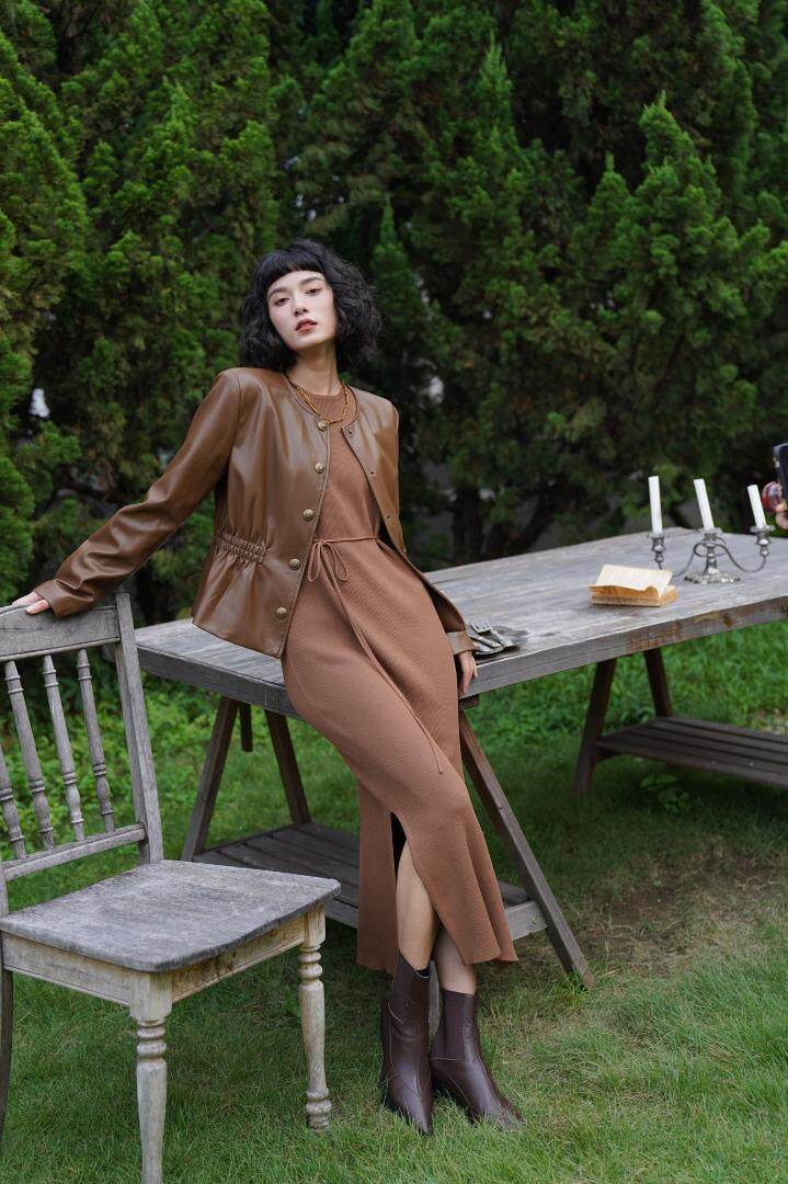 都市通勤风褶皱收腰设计感短款皮外套……，其它，GN