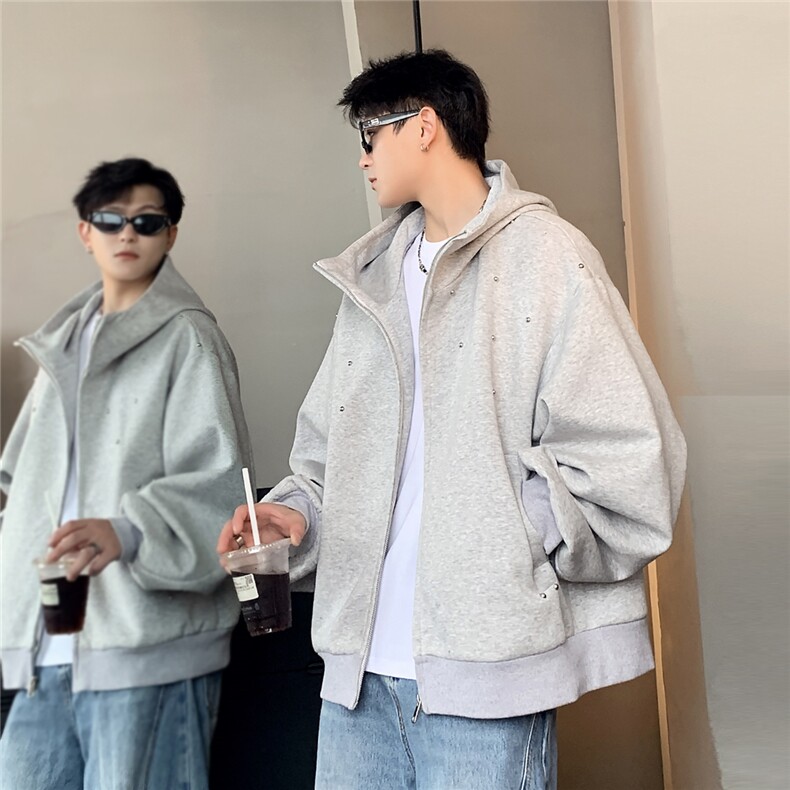 廓形灰色连帽开衫卫衣秋冬季情侣铆钉点缀拉链夹克外套jJK800-P78,男装夹克,电商C307