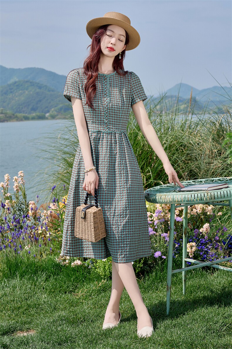 时尚格子连衣裙女中长款2026夏新款高腰修身洋气减龄休闲棉麻裙子,女装连衣裙,水衣源