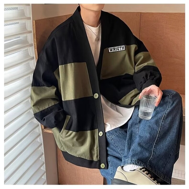 外套男美式复古ins春秋加大码V领上衣服潮牌宽松拼色棒球外夹克男,男装夹克,星座1210-1