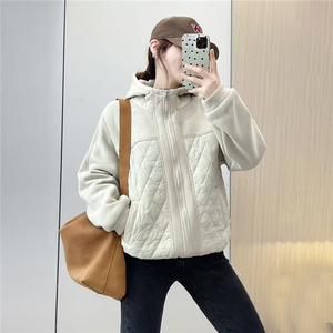 2025冬装新款修身保暖时尚菱形格个性拼接女士棉服外套图片