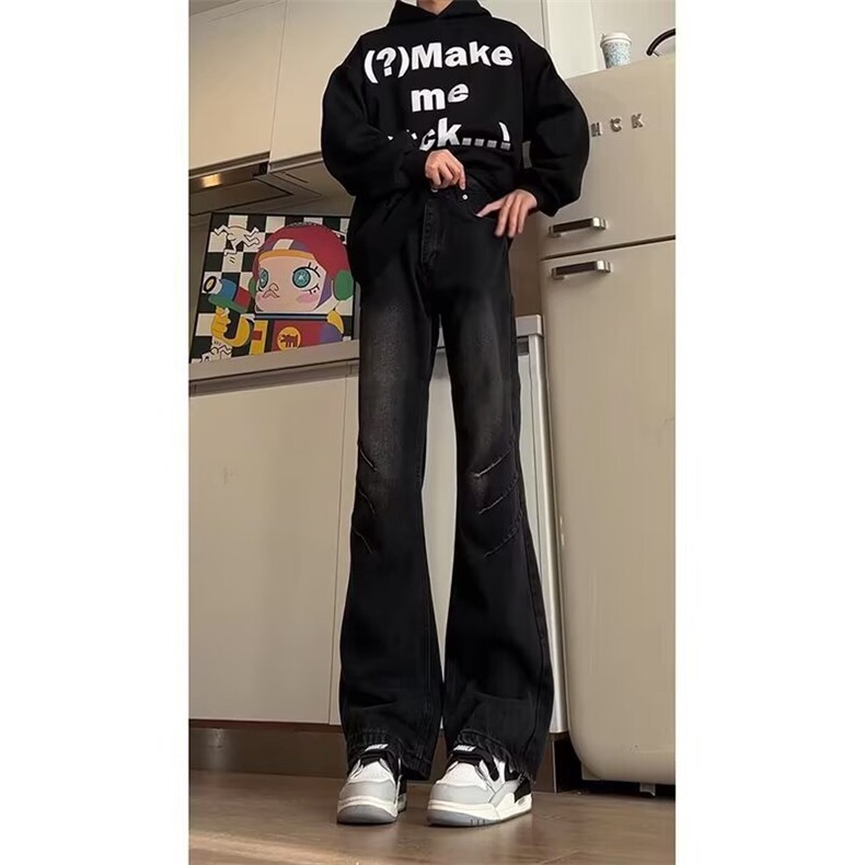 水洗做旧弯刀牛仔裤男款高个子加长裤子美式高街vibe直筒微喇长裤,男装牛仔裤,星座513A