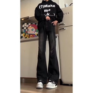 水洗做旧弯刀牛仔裤男款高个子加长裤子美式高街vibe直筒微喇长裤,男士套头衫外套怎么搭配图片