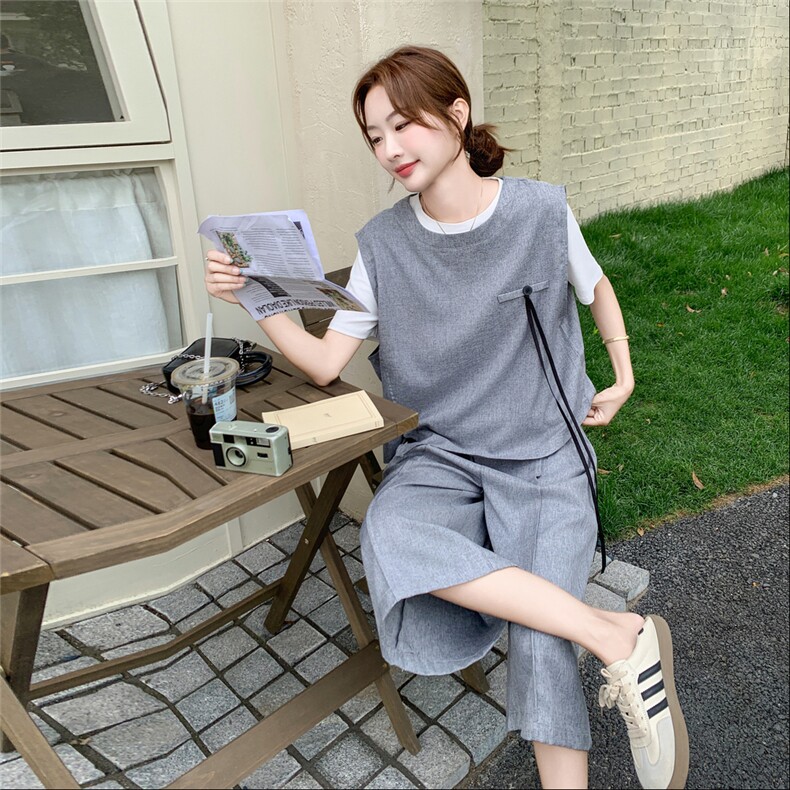灰色设计感马甲七分阔腿裤套装女2025夏新款盐系宽松小个子两件套,女装套装/套裙,2C051