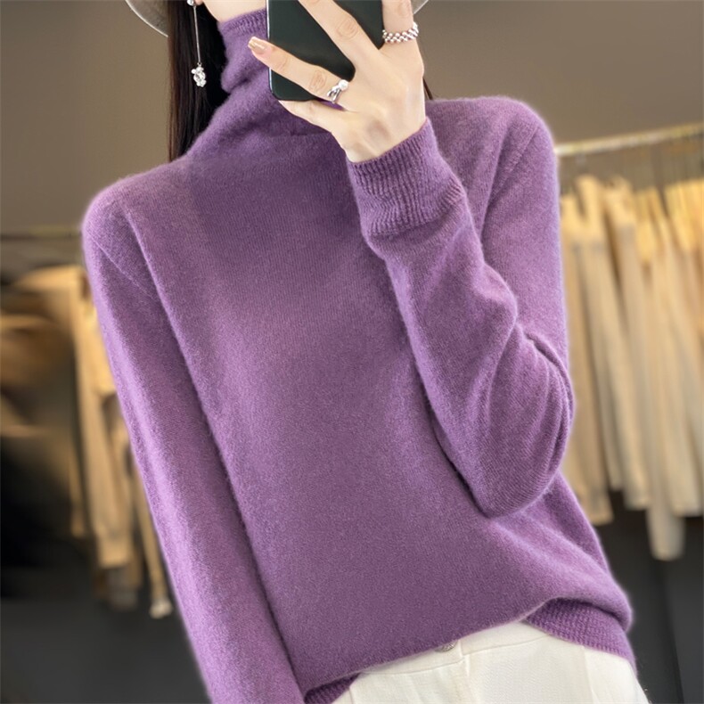 高端一线成衣女高领秋冬羊毛针织套头毛衣堆领翻领上衣,女装羊毛衫,昭美羊绒