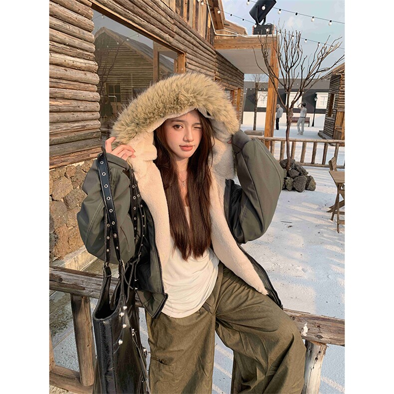 现货重磅boxy短款棉衣座山雕大毛毛领男女棉服水洗工装厚外套,男装棉衣,电商A486
