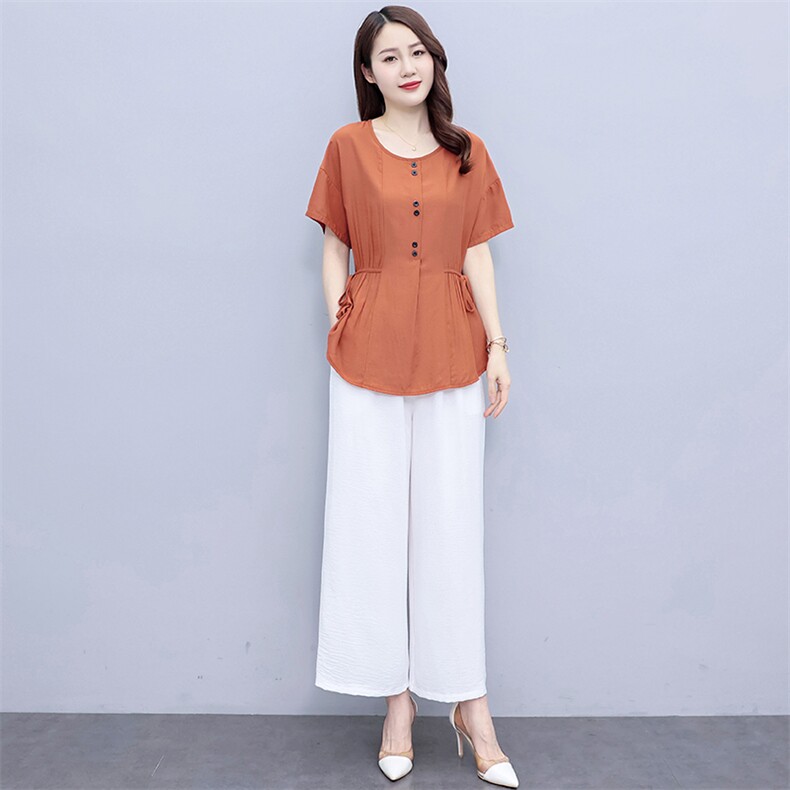 天丝棉麻套装2026夏季新款宽松大码女装显瘦减龄阔腿裤亚麻两件套,女装套装/套裙,尚洛菲