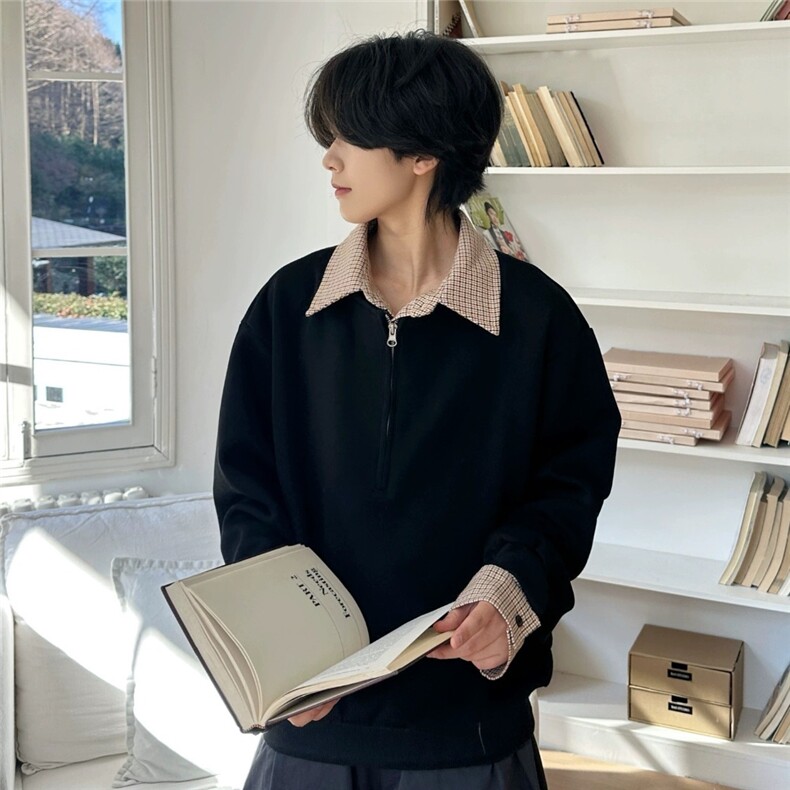 新款春季格子拼接简约卫衣学院风套头百搭少年感男女上衣潮原宿，男装卫衣，星座715-4