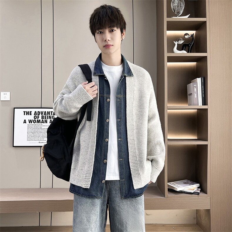 【抖音得物】2025年秋季时尚毛衣针织开衫翻领假两件长袖，男装针织衫/毛衣，电商A113