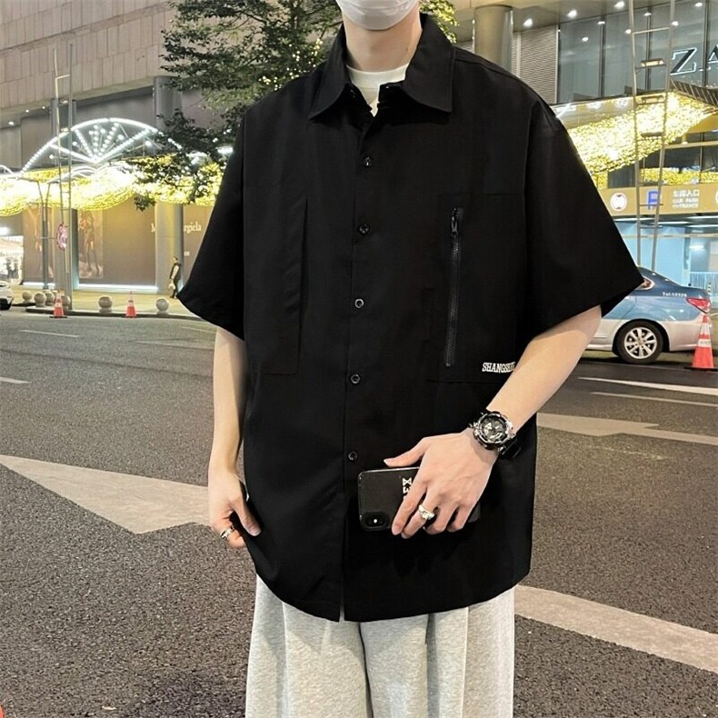 W470-P42日系设计感清新工装拉链短袖衬衫夏季休闲宽松衬衣男女,男装衬衫,星座911-1