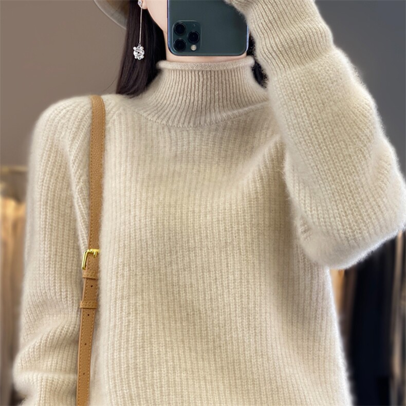 秋冬半高领100%纯羊毛衫女卷边加厚长袖毛衣宽松羊绒针织打底上衣,女装羊毛衫,九嘉羊绒