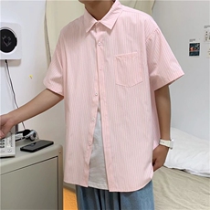 盐系衬衫雾霾蓝港风条纹短袖衬衣男夏季宽松百搭慵懒风五分袖外套，男装T恤，星座506A