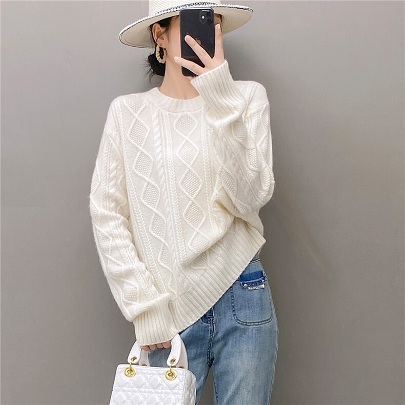 2025年秋季新款纯色扭花针织圆领套头上衣，女装针织衫/毛衣，织绒羊