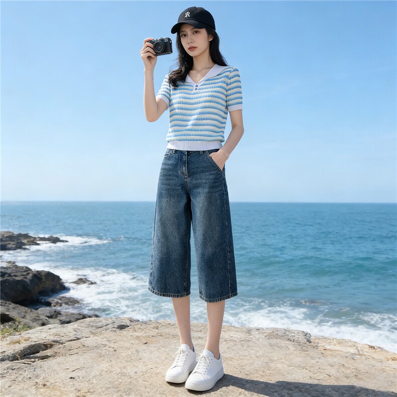时尚简约套装女夏季新款洋气减龄蓝色翻领条纹上衣牛仔中裤两件套,女装套装/套裙,江南
