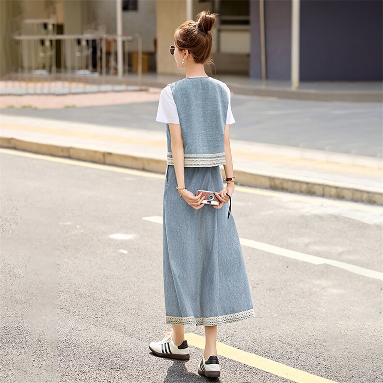 时尚蕾丝拼接牛仔马甲套装女2025年夏季新款洋气减龄半裙三件套,女装套装/套裙,贵人树