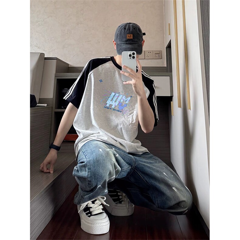 抖音得物品质二开240克宽松纯棉美式潮牌插肩三杠织带短袖T恤，男装T恤，电商A486